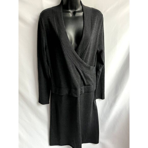 Calvin Klein Charcoal Grey Black Faux Wrap Sweater Dress Midi sz M Office Career - Picture 1 of 10